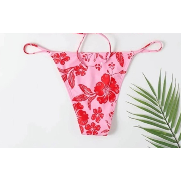 Hawaiian Print String Bikini Bottoms Pink and Red XL - Picture 2 of 3
